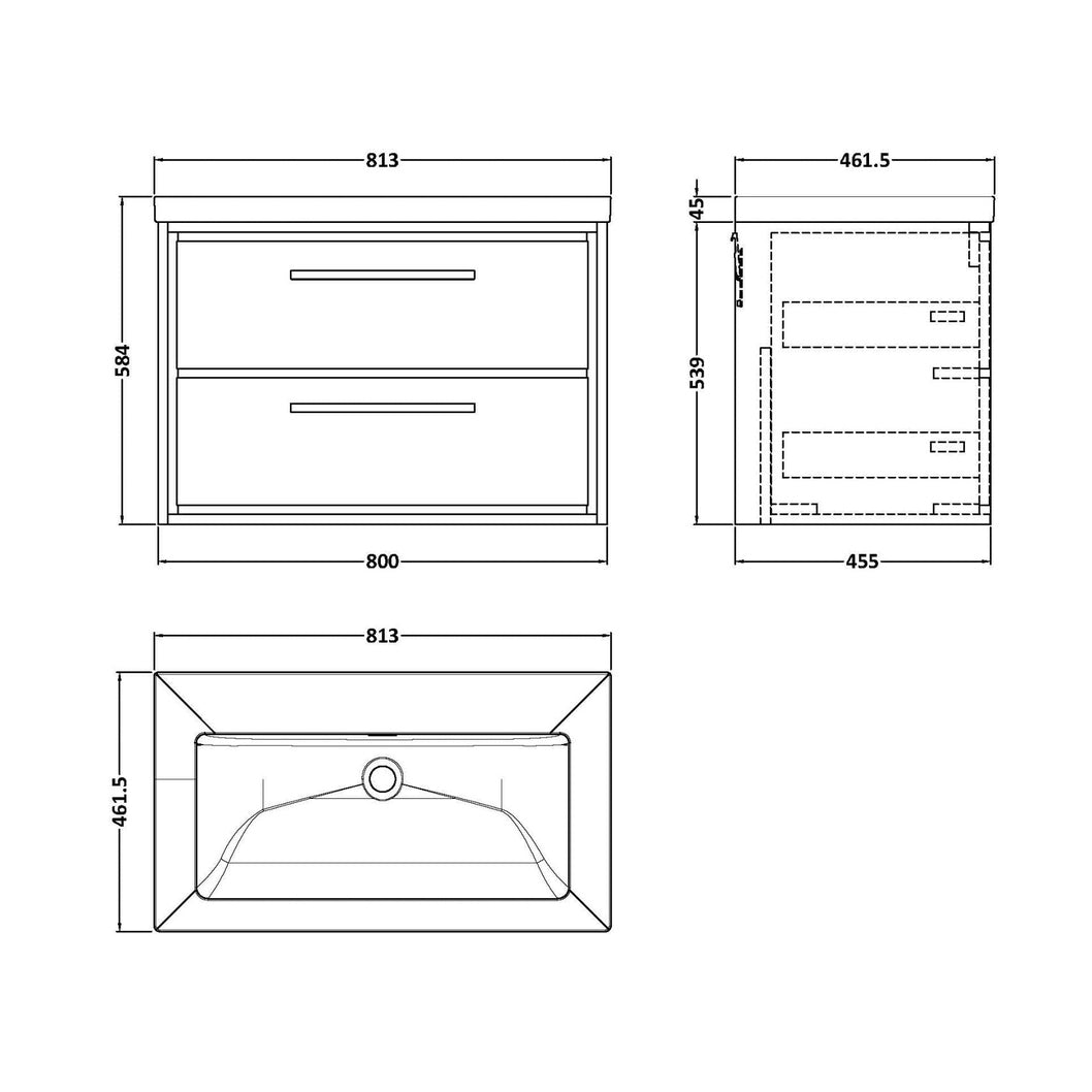 Hudson Reed Lille 800mm Wall Hung 2-drawer Vanity With Basin - 0 Tap Hole Contemp Graphite Grey Woodgrain Fireclay,MFC Textured Woodgrain 584x813x462mm - JJ Building Materials