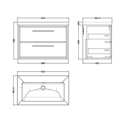 Hudson Reed Lille 800mm Wall Hung 2-drawer Vanity With Basin - 0 Tap Hole Contemp Graphite Grey Woodgrain Fireclay,MFC Textured Woodgrain 584x813x462mm - JJ Building Materials
