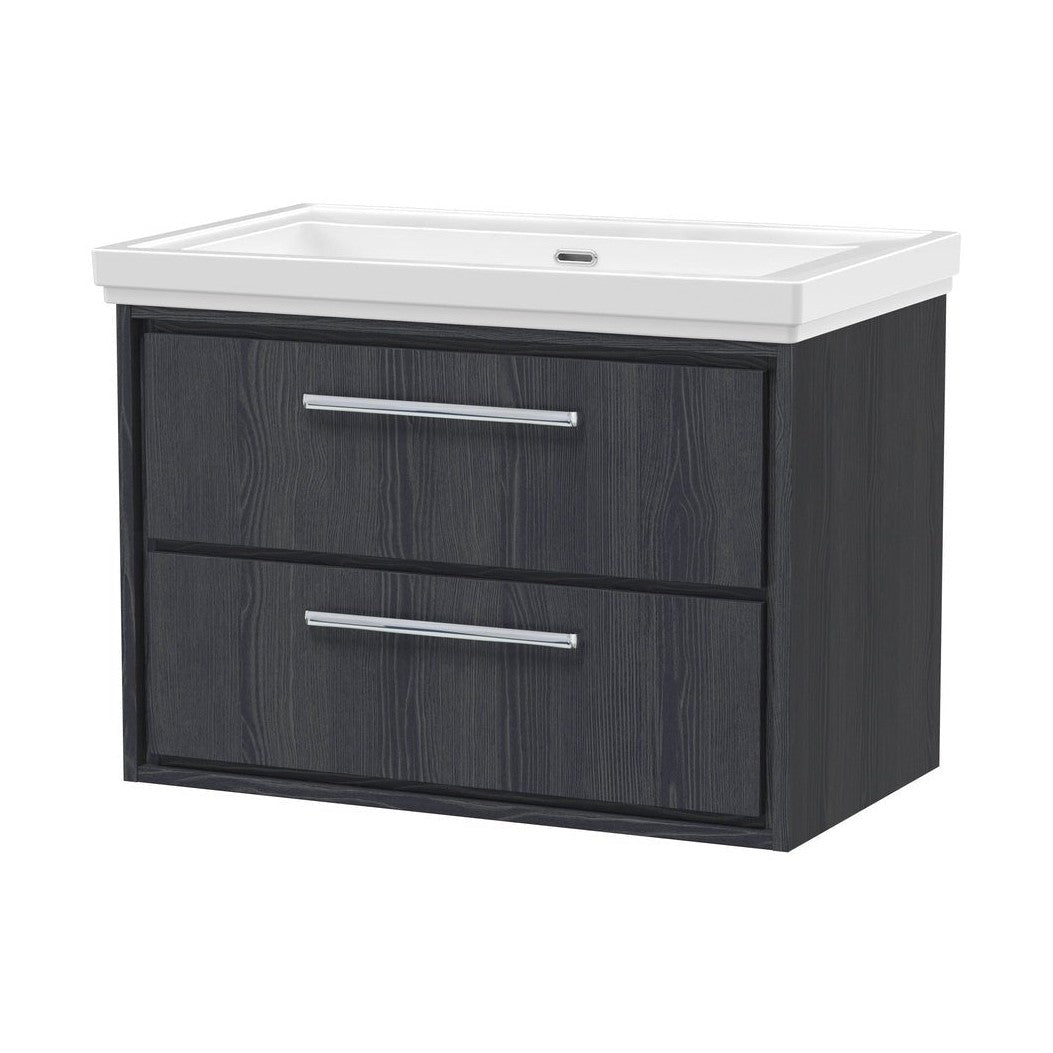 Hudson Reed Lille 800mm Wall Hung 2-drawer Vanity With Basin - 0 Tap Hole Contemp Graphite Grey Woodgrain Fireclay,MFC Textured Woodgrain 606x830x471mm - JJ Building Materials