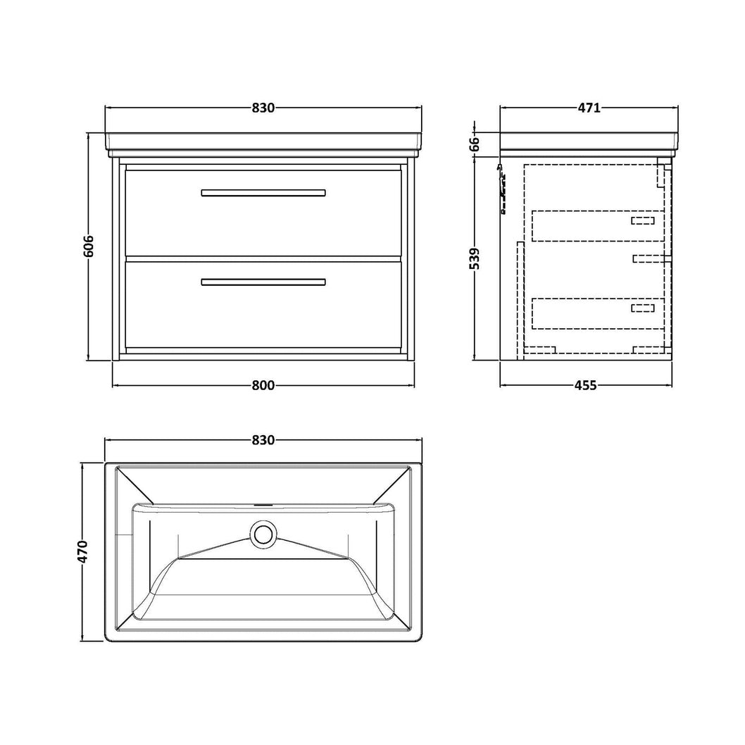 Hudson Reed Lille 800mm Wall Hung 2-drawer Vanity With Basin - 0 Tap Hole Contemp Graphite Grey Woodgrain Fireclay,MFC Textured Woodgrain 606x830x471mm - JJ Building Materials