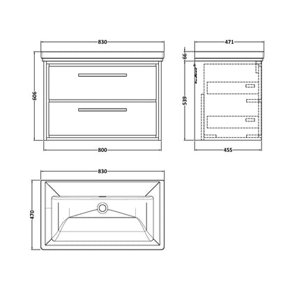 Hudson Reed Lille 800mm Wall Hung 2-drawer Vanity With Basin - 0 Tap Hole Contemp Graphite Grey Woodgrain Fireclay,MFC Textured Woodgrain 606x830x471mm - JJ Building Materials