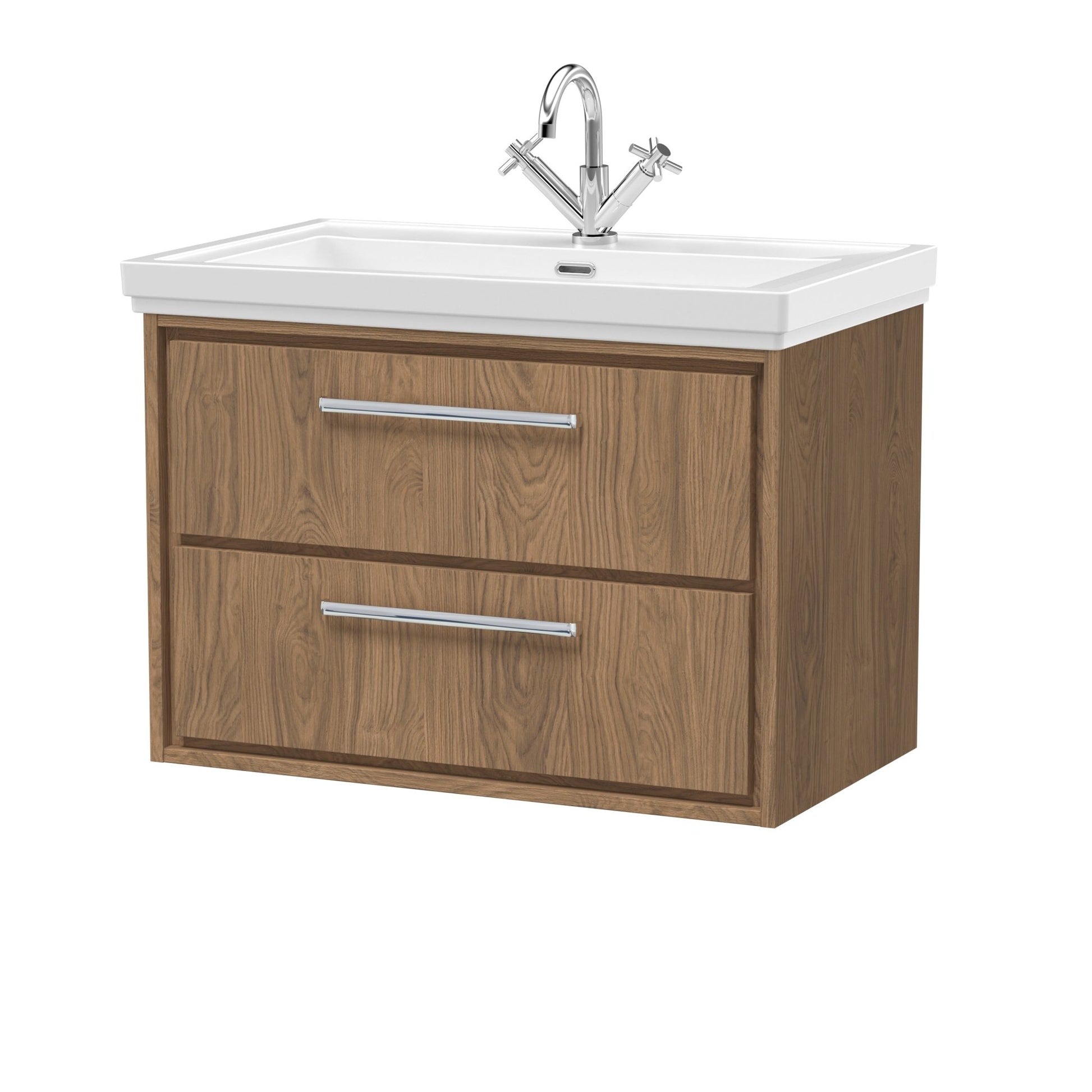 Hudson Reed Lille 800mm Wall Hung 2 - drawer Vanity With Basin - 1 Tap Hole Contemp Antique Oak Fireclay,MFC Textured Woodgrain 606x830x471mm - JJ Building Materials