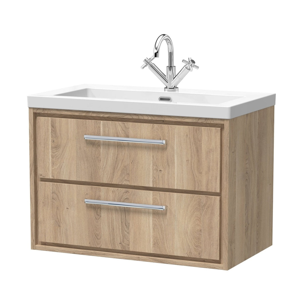 Hudson Reed Lille 800mm Wall Hung 2-drawer Vanity With Basin - 1 Tap Hole Contemp Bleached Oak Fireclay,MFC Textured Woodgrain 584x813x462mm - JJ Building Materials