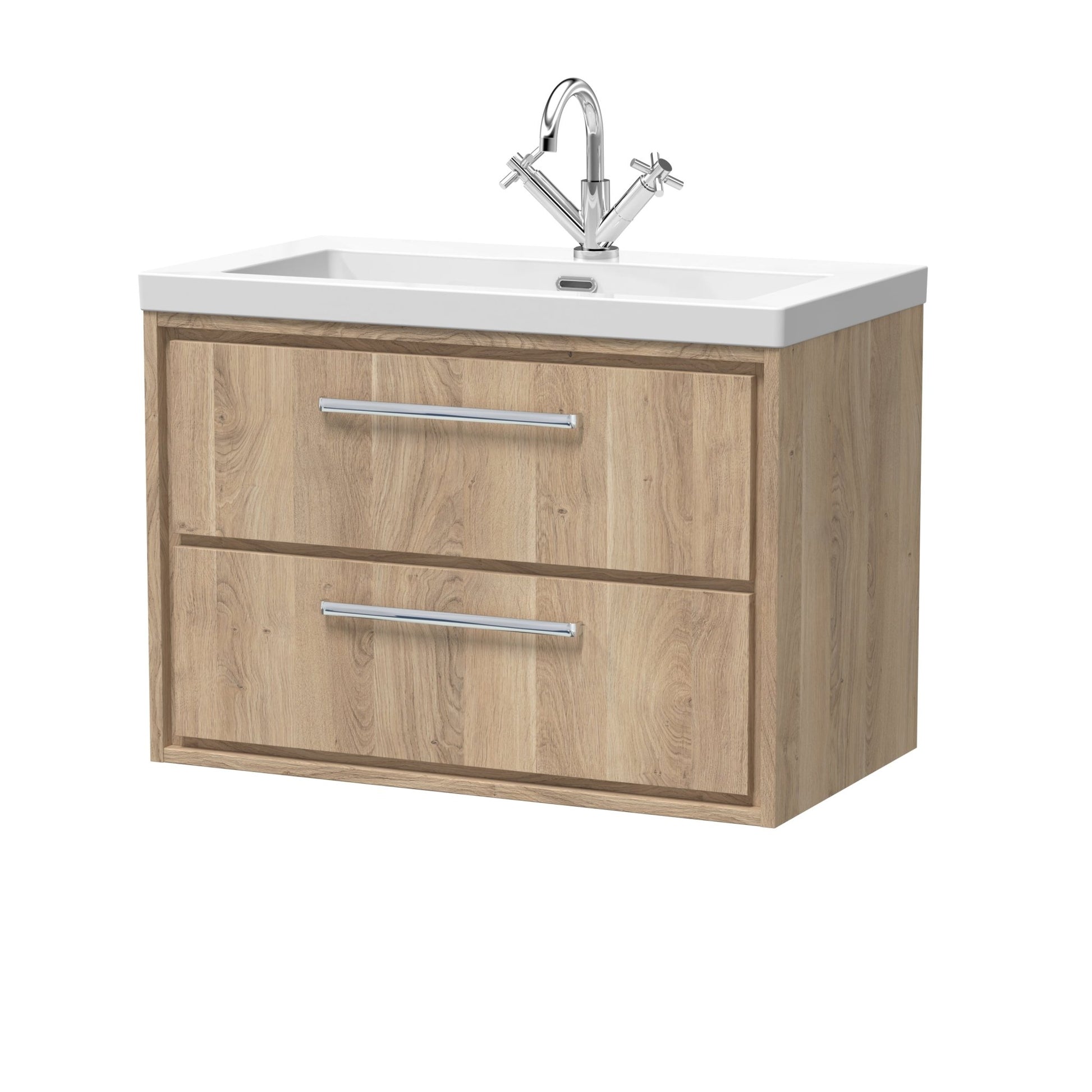 Hudson Reed Lille 800mm Wall Hung 2 - drawer Vanity With Basin - 1 Tap Hole Contemp Bleached Oak Fireclay,MFC Textured Woodgrain 584x813x462mm - JJ Building Materials
