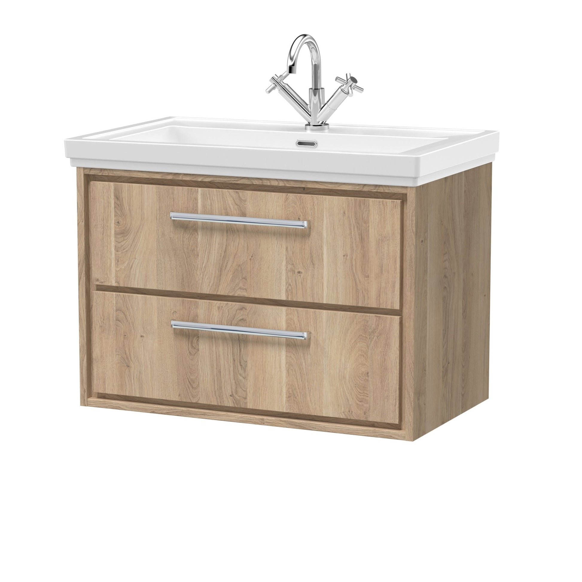 Hudson Reed Lille 800mm Wall Hung 2 - drawer Vanity With Basin - 1 Tap Hole Contemp Bleached Oak Fireclay,MFC Textured Woodgrain 606x830x471mm - JJ Building Materials