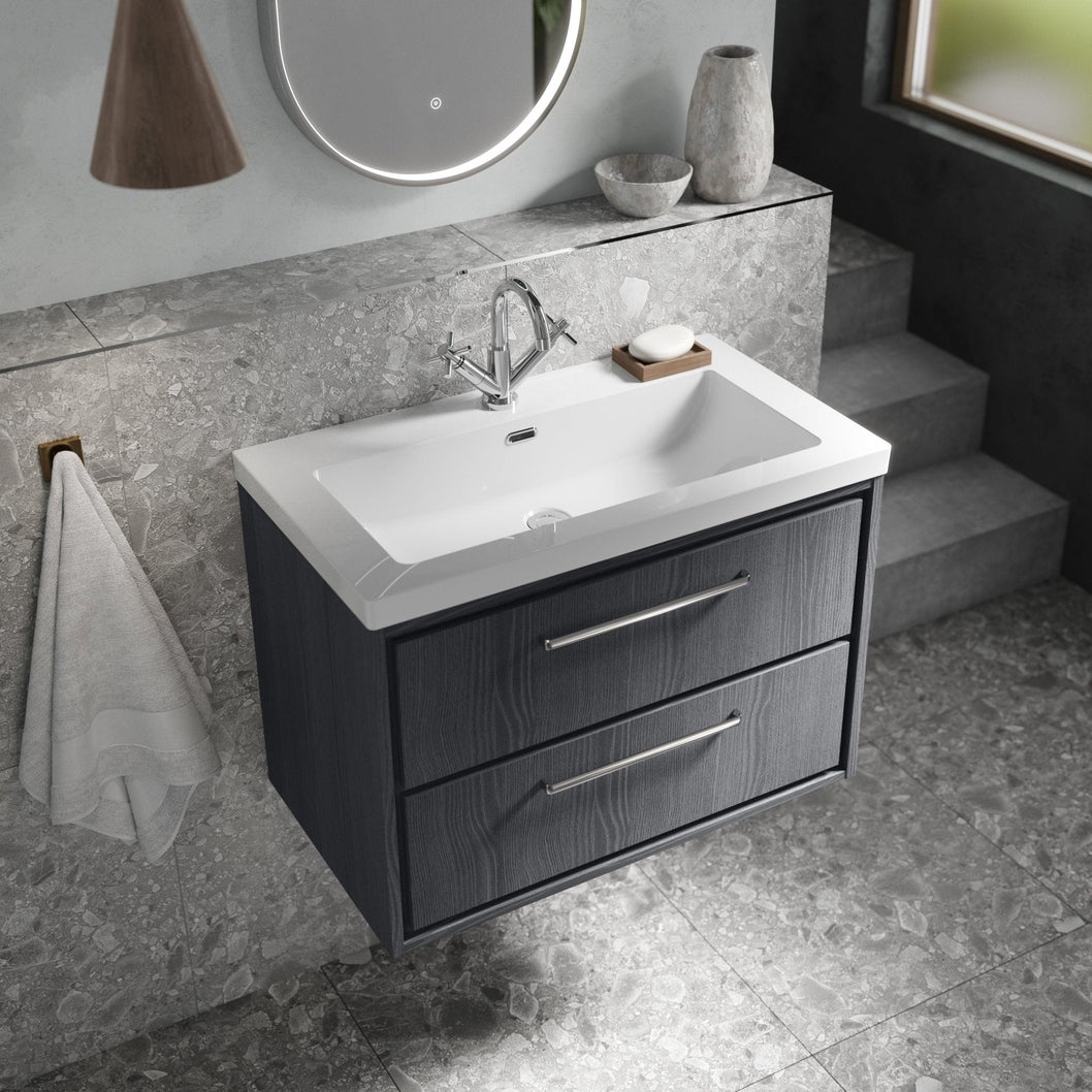 Hudson Reed Lille 800mm Wall Hung 2-drawer Vanity With Basin - 1 Tap Hole Contemp Graphite Grey Woodgrain Fireclay,MFC Textured Woodgrain 584x813x462mm - JJ Building Materials