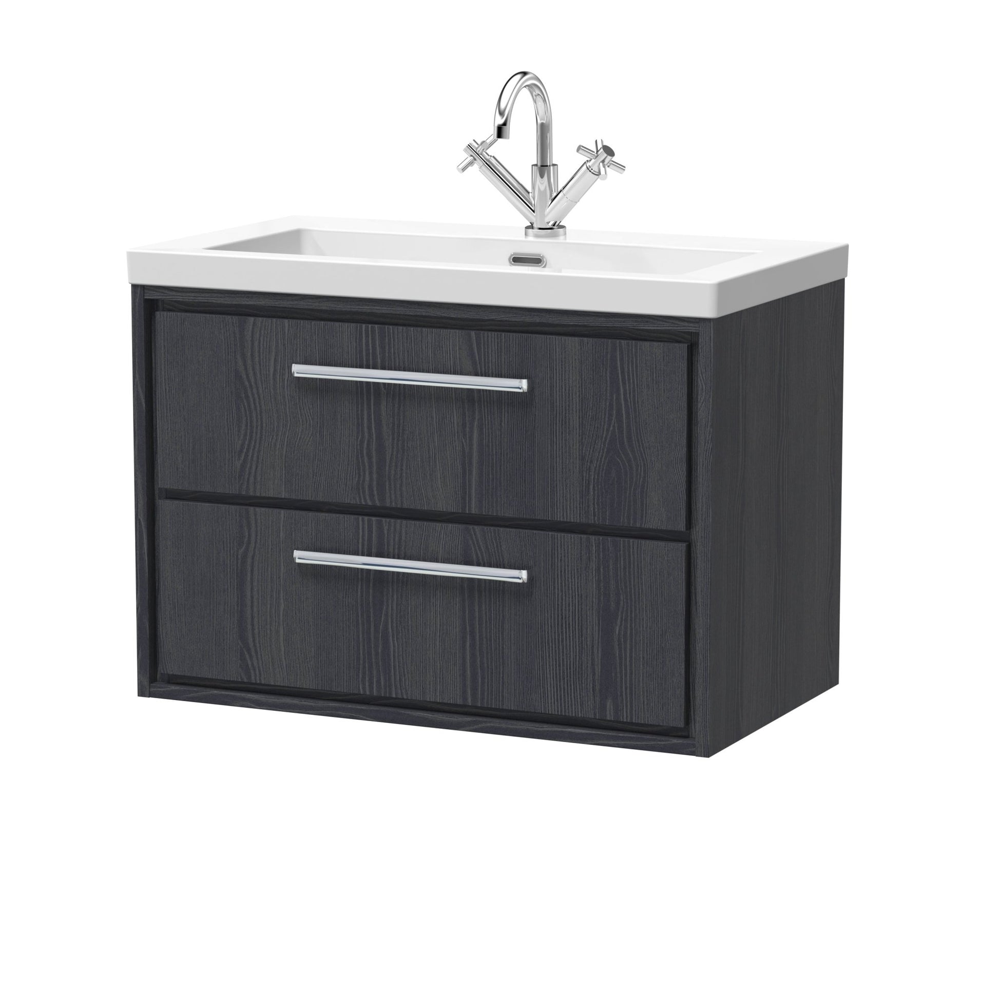 Hudson Reed Lille 800mm Wall Hung 2 - drawer Vanity With Basin - 1 Tap Hole Contemp Graphite Grey Woodgrain Fireclay,MFC Textured Woodgrain 584x813x462mm - JJ Building Materials