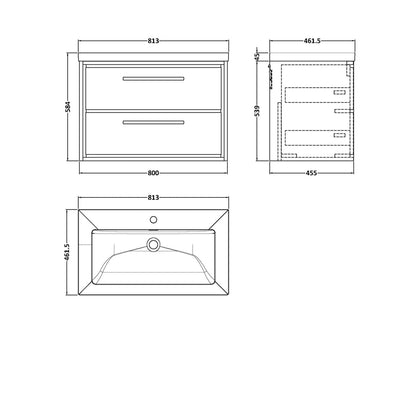 Hudson Reed Lille 800mm Wall Hung 2-drawer Vanity With Basin - 1 Tap Hole Contemp Graphite Grey Woodgrain Fireclay,MFC Textured Woodgrain 584x813x462mm - JJ Building Materials