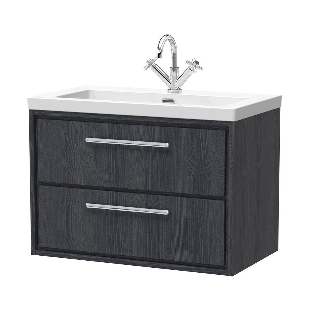 Hudson Reed Lille 800mm Wall Hung 2-drawer Vanity With Basin - 1 Tap Hole Contemp Graphite Grey Woodgrain Fireclay,MFC Textured Woodgrain 584x813x462mm - JJ Building Materials