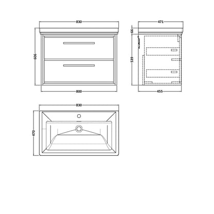 Hudson Reed Lille 800mm Wall Hung 2-drawer Vanity With Basin - 1 Tap Hole Contemp Graphite Grey Woodgrain Fireclay,MFC Textured Woodgrain 606x830x471mm - JJ Building Materials