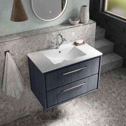 Hudson Reed Lille 800mm Wall Hung 2-drawer Vanity With Basin - 1 Tap Hole Contemp Graphite Grey Woodgrain MFC Textured Woodgrain,vitreous China 539x805x460mm - JJ Building Materials