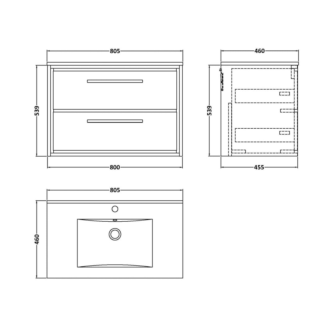 Hudson Reed Lille 800mm Wall Hung 2-drawer Vanity With Basin - 1 Tap Hole Contemp Graphite Grey Woodgrain MFC Textured Woodgrain,vitreous China 539x805x460mm - JJ Building Materials