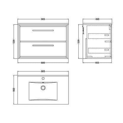 Hudson Reed Lille 800mm Wall Hung 2-drawer Vanity With Basin - 1 Tap Hole Contemp Graphite Grey Woodgrain MFC Textured Woodgrain,vitreous China 539x805x460mm - JJ Building Materials