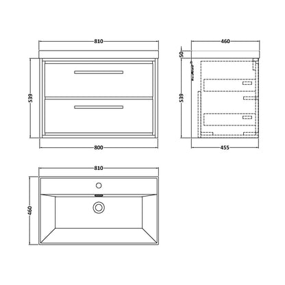 Hudson Reed Lille 800mm Wall Hung 2-drawer Vanity With Basin - 1 Tap Hole Contemp Graphite Grey Woodgrain MFC Textured Woodgrain,vitreous China 539x810x460mm - JJ Building Materials