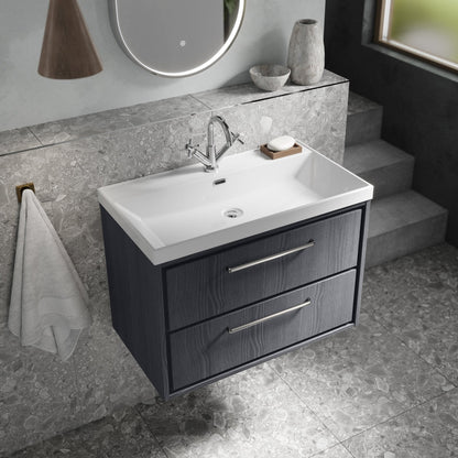 Hudson Reed Lille 800mm Wall Hung 2-drawer Vanity With Basin - 1 Tap Hole Contemp Graphite Grey Woodgrain MFC Textured Woodgrain,vitreous China 539x810x460mm - JJ Building Materials