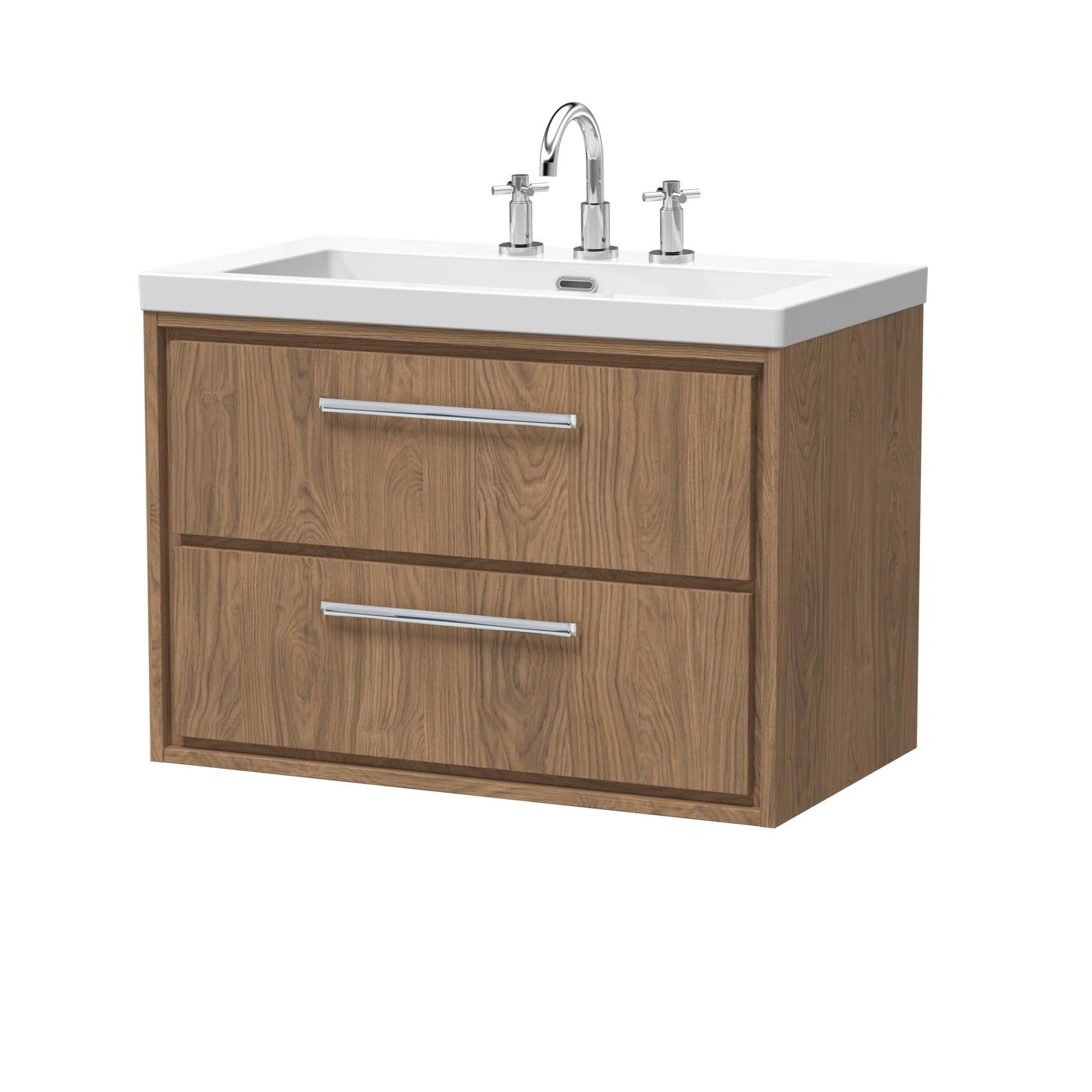 Hudson Reed Lille 800mm Wall Hung 2 - drawer Vanity With Basin - 3 Tap Hole Contemp Antique Oak Fireclay,MFC Textured Woodgrain 584x813x462mm - JJ Building Materials