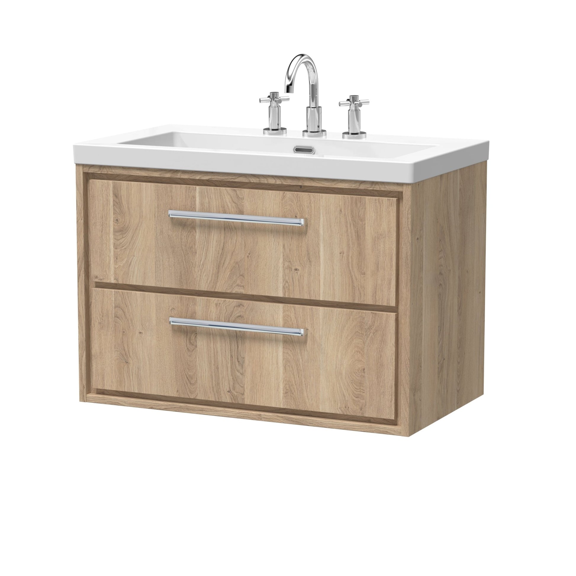 Hudson Reed Lille 800mm Wall Hung 2 - drawer Vanity With Basin - 3 Tap Hole Contemp Bleached Oak Fireclay,MFC Textured Woodgrain 584x813x462mm - JJ Building Materials