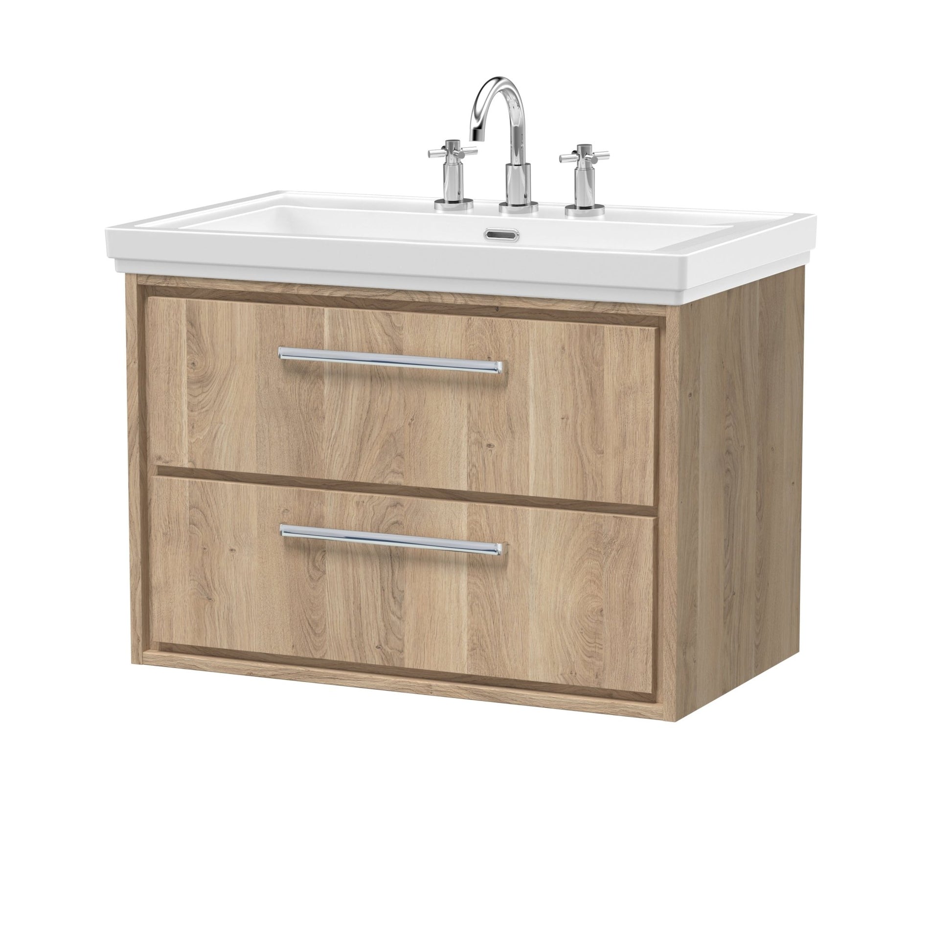 Hudson Reed Lille 800mm Wall Hung 2 - drawer Vanity With Basin - 3 Tap Hole Contemp Bleached Oak Fireclay,MFC Textured Woodgrain 606x830x471mm - JJ Building Materials