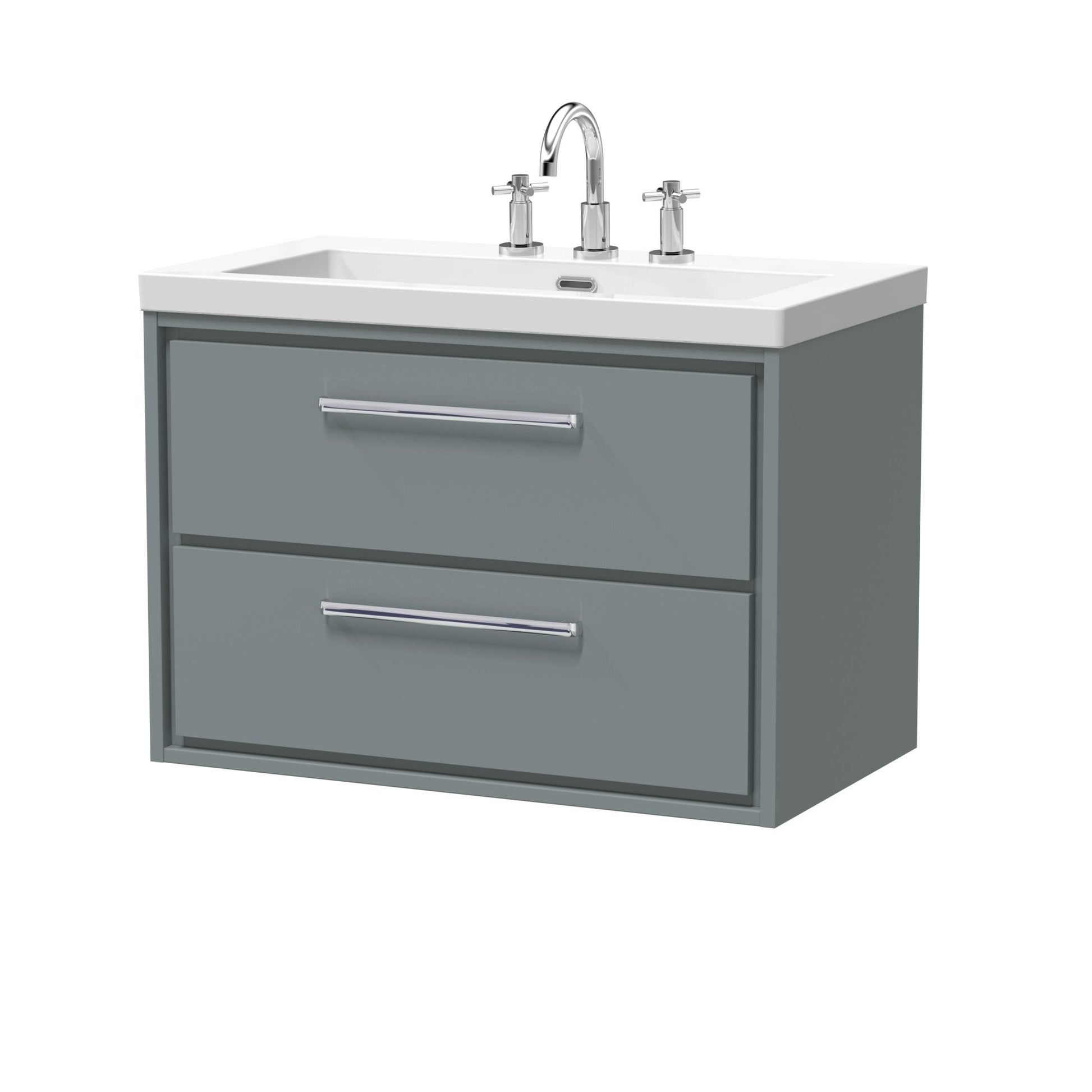 Hudson Reed Lille 800mm Wall Hung 2 - drawer Vanity With Basin - 3 Tap Hole Contemp Coastal Grey Fireclay,MFC Smooth Matt 584x813x462mm - JJ Building Materials