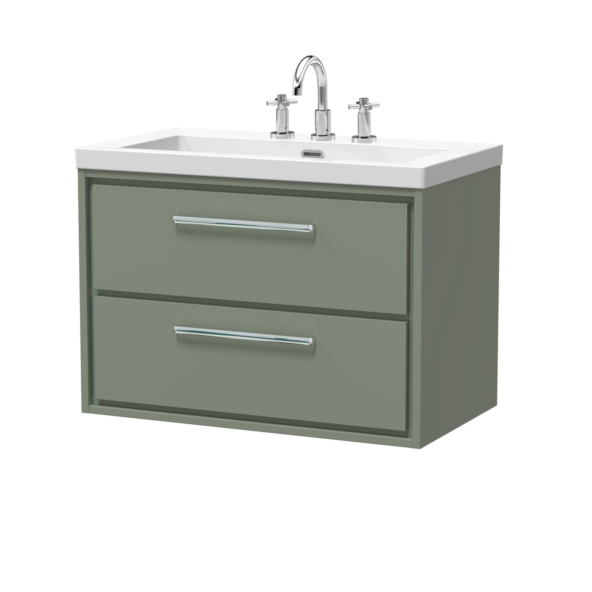 Hudson Reed Lille 800mm Wall Hung 2 - drawer Vanity With Basin - 3 Tap Hole Contemp Fern Green Fireclay,MFC Smooth Matt 584x813x462mm - JJ Building Materials