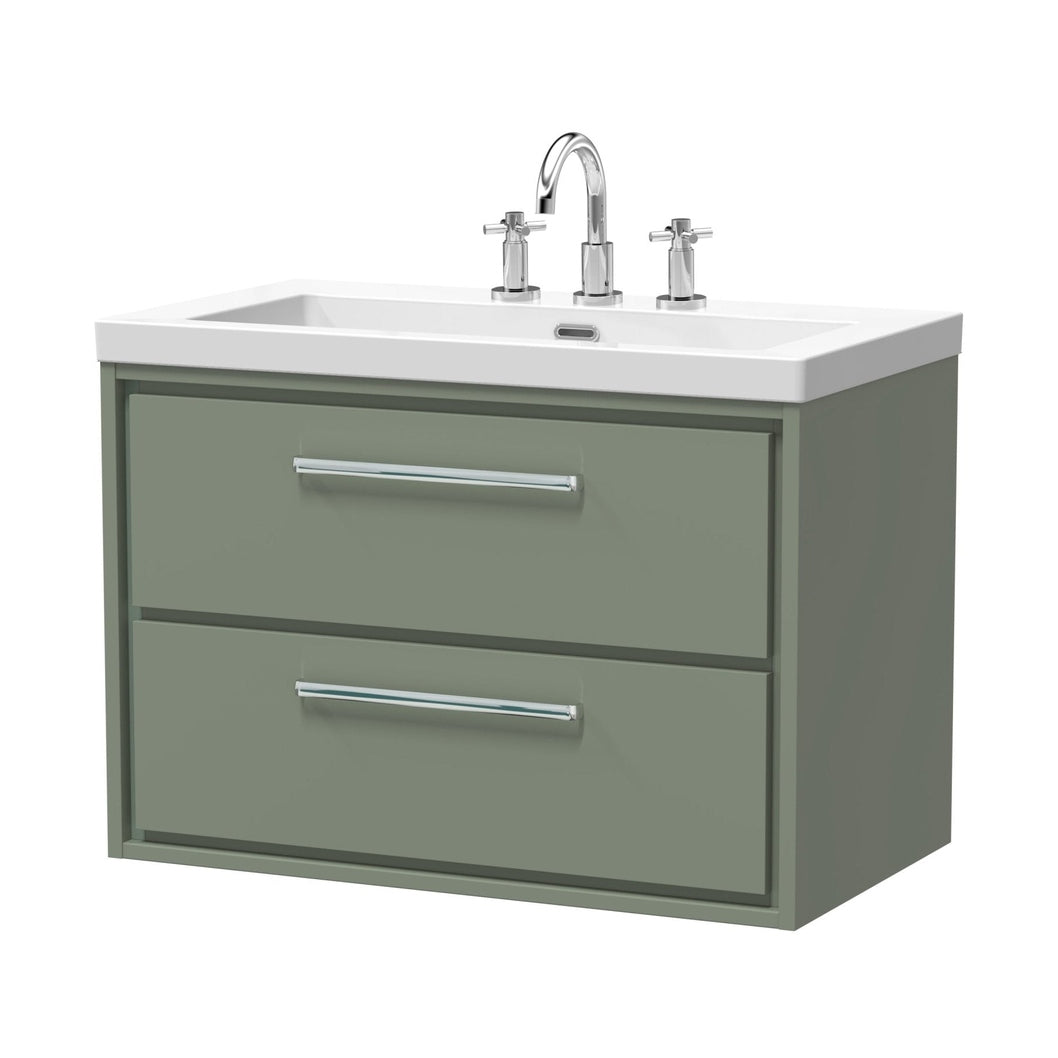 Hudson Reed Lille 800mm Wall Hung 2-drawer Vanity With Basin - 3 Tap Hole Contemp Fern Green Fireclay,MFC Smooth Matt 584x813x462mm - JJ Building Materials