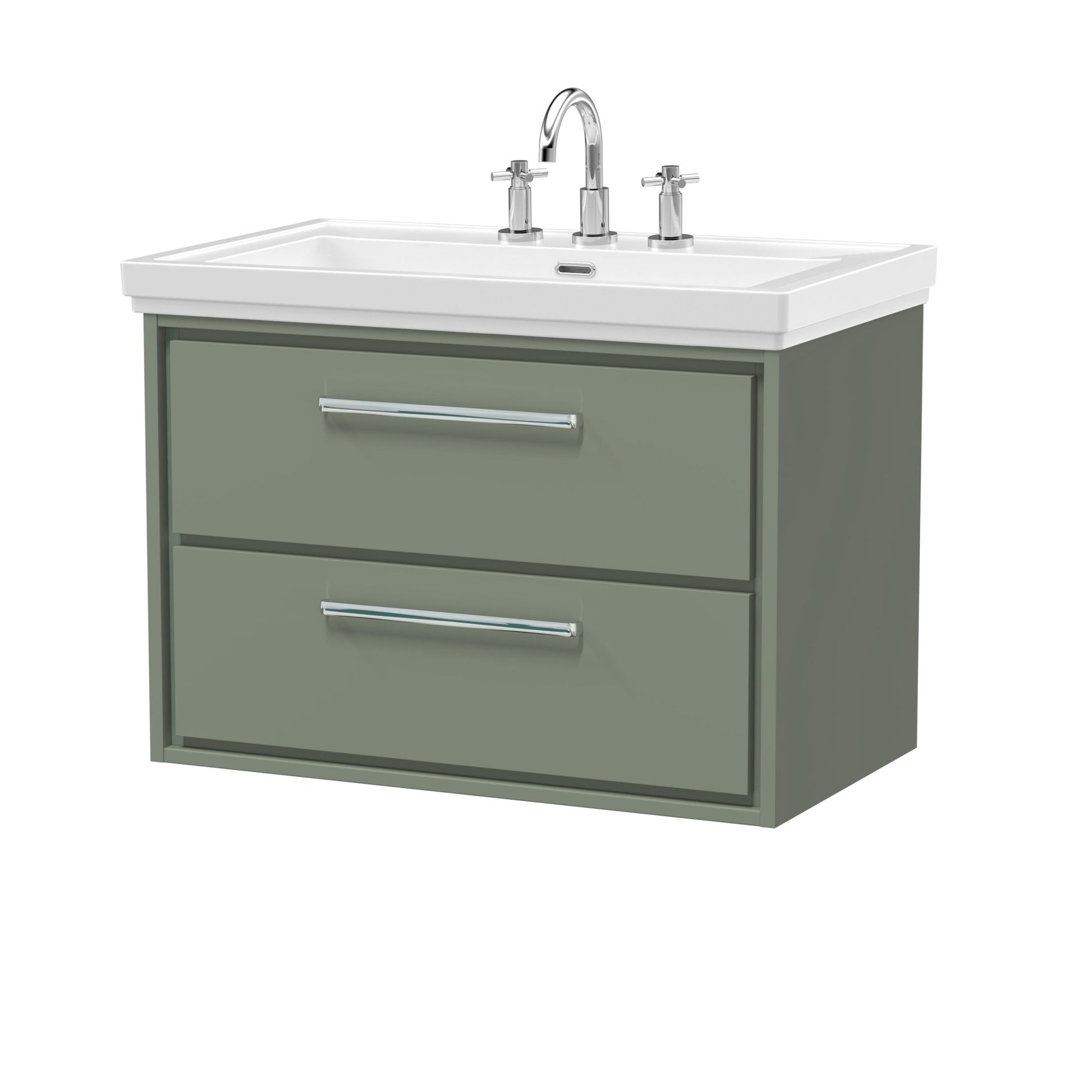Hudson Reed Lille 800mm Wall Hung 2 - drawer Vanity With Basin - 3 Tap Hole Contemp Fern Green Fireclay,MFC Smooth Matt 606x830x471mm - JJ Building Materials