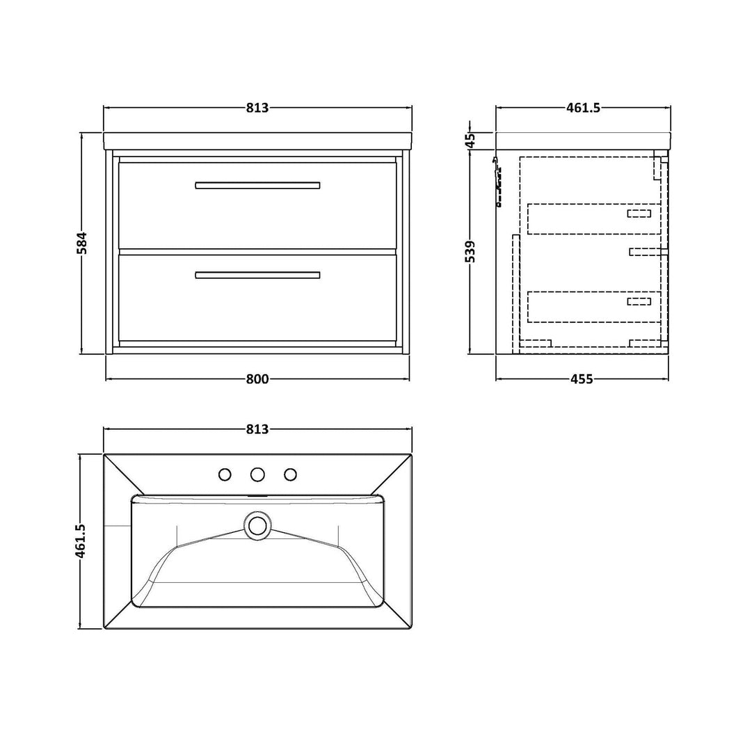 Hudson Reed Lille 800mm Wall Hung 2-drawer Vanity With Basin - 3 Tap Hole Contemp Graphite Grey Woodgrain Fireclay,MFC Textured Woodgrain 584x813x462mm - JJ Building Materials