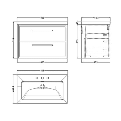 Hudson Reed Lille 800mm Wall Hung 2-drawer Vanity With Basin - 3 Tap Hole Contemp Graphite Grey Woodgrain Fireclay,MFC Textured Woodgrain 584x813x462mm - JJ Building Materials
