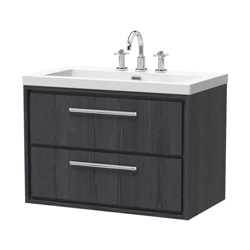 Hudson Reed Lille 800mm Wall Hung 2-drawer Vanity With Basin - 3 Tap Hole Contemp Graphite Grey Woodgrain Fireclay,MFC Textured Woodgrain 584x813x462mm - JJ Building Materials