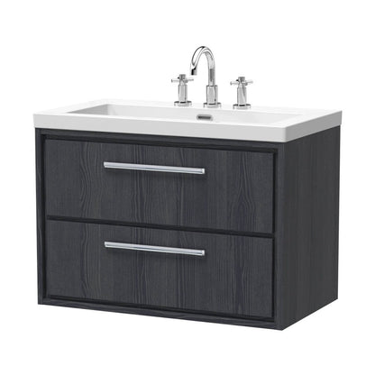Hudson Reed Lille 800mm Wall Hung 2-drawer Vanity With Basin - 3 Tap Hole Contemp Graphite Grey Woodgrain Fireclay,MFC Textured Woodgrain 584x813x462mm - JJ Building Materials