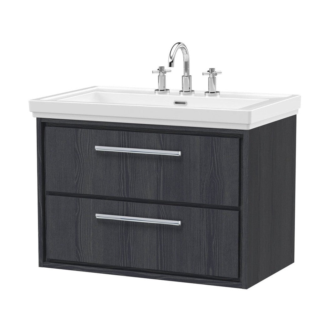 Hudson Reed Lille 800mm Wall Hung 2-drawer Vanity With Basin - 3 Tap Hole Contemp Graphite Grey Woodgrain Fireclay,MFC Textured Woodgrain 606x830x471mm - JJ Building Materials