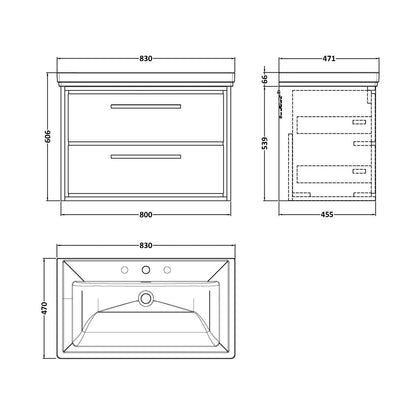 Hudson Reed Lille 800mm Wall Hung 2-drawer Vanity With Basin - 3 Tap Hole Contemp Graphite Grey Woodgrain Fireclay,MFC Textured Woodgrain 606x830x471mm - JJ Building Materials