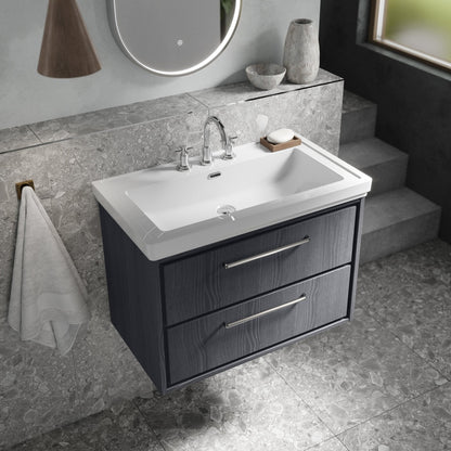 Hudson Reed Lille 800mm Wall Hung 2-drawer Vanity With Basin - 3 Tap Hole Contemp Graphite Grey Woodgrain Fireclay,MFC Textured Woodgrain 606x830x471mm - JJ Building Materials