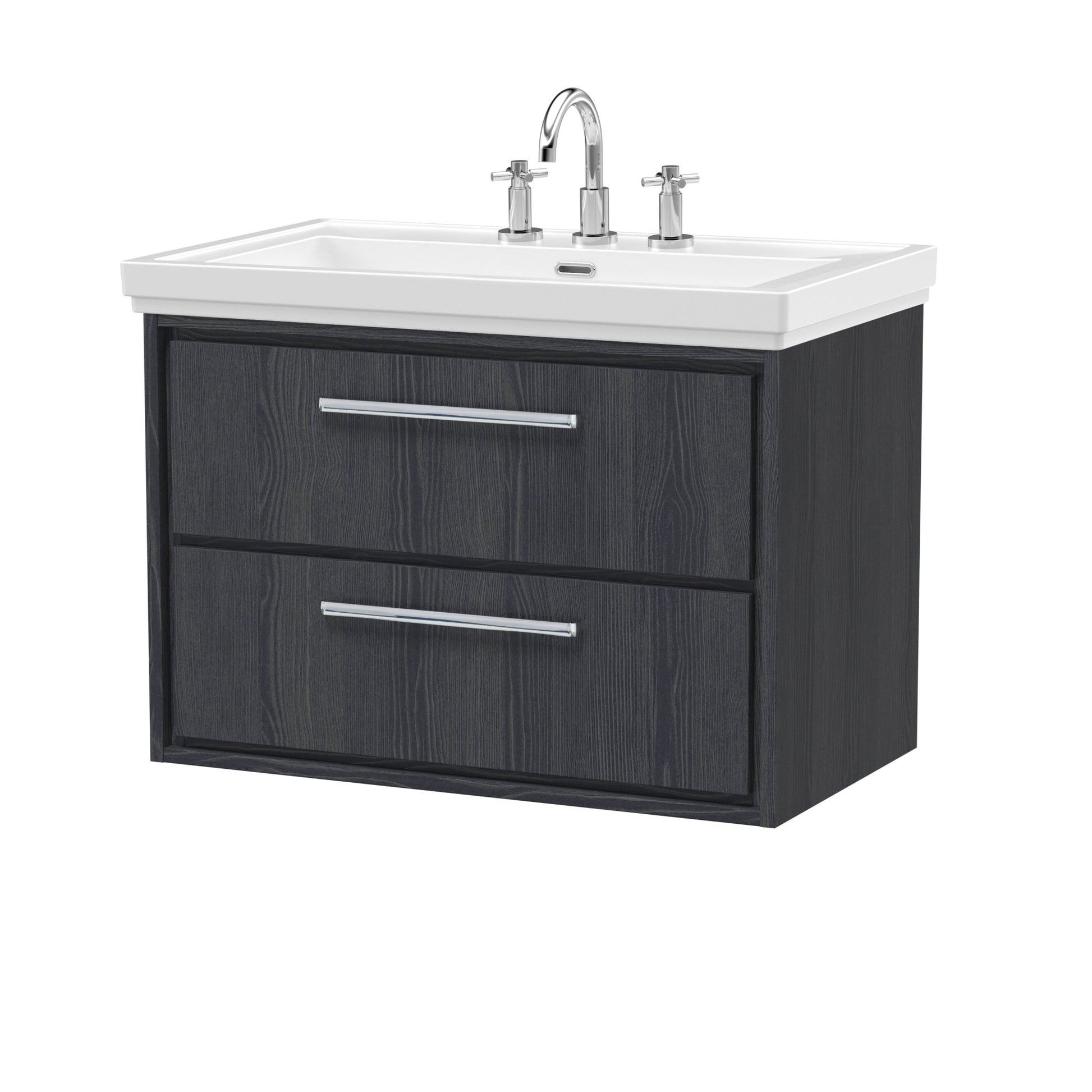 Hudson Reed Lille 800mm Wall Hung 2 - drawer Vanity With Basin - 3 Tap Hole Contemp Graphite Grey Woodgrain Fireclay,MFC Textured Woodgrain 606x830x471mm - JJ Building Materials