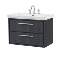 Hudson Reed Lille 800mm Wall Hung 2 - drawer Vanity With Basin - 3 Tap Hole Contemp Graphite Grey Woodgrain Fireclay,MFC Textured Woodgrain 606x830x471mm - JJ Building Materials