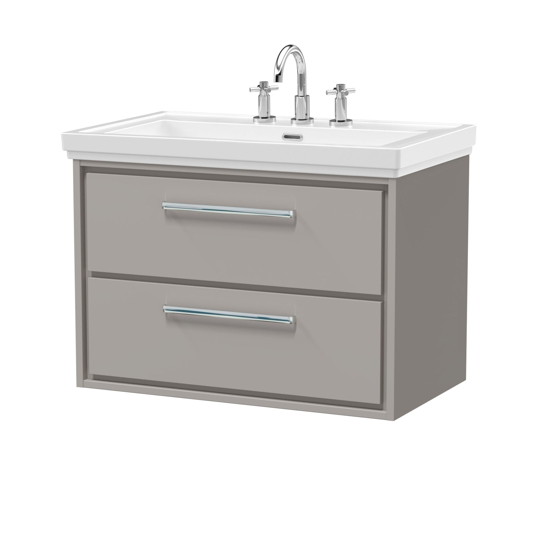 Hudson Reed Lille 800mm Wall Hung 2 - drawer Vanity With Basin - 3 Tap Hole Contemp Pebble Grey Fireclay,MFC Smooth Matt 606x830x471mm - JJ Building Materials
