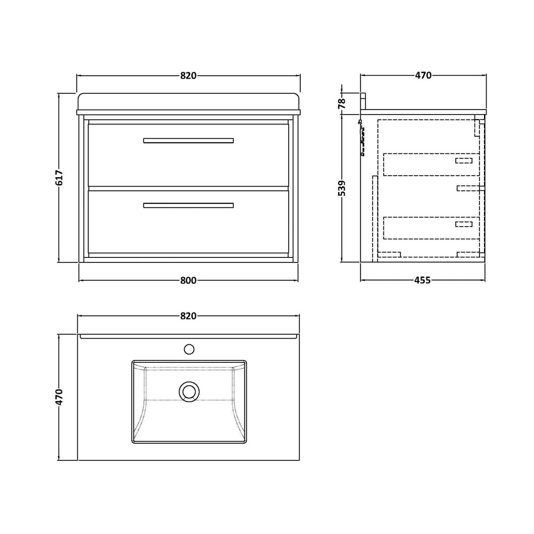 Hudson Reed Lille 800mm Wall Hung 2-drawer Vanity With Marble Worktop Basin Contemp Bleached Oak MFC Textured Woodgrain,vitreous China 617x820x470mm - JJ Building Materials