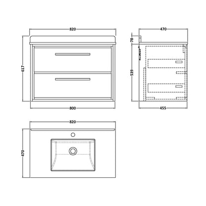 Hudson Reed Lille 800mm Wall Hung 2-drawer Vanity With Marble Worktop Basin Contemp Graphite Grey Woodgrain MFC Textured Woodgrain,vitreous China 617x820x470mm - JJ Building Materials