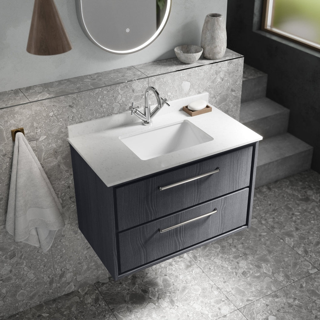 Hudson Reed Lille 800mm Wall Hung 2-drawer Vanity With Marble Worktop Basin Contemp Graphite Grey Woodgrain MFC Textured Woodgrain,vitreous China 617x820x470mm - JJ Building Materials