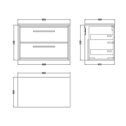 Hudson Reed Lille 800mm Wall Hung 2-drawer Vanity With Worktop Contemp Antique Oak MFC Textured Woodgrain 539x805x460mm - JJ Building Materials