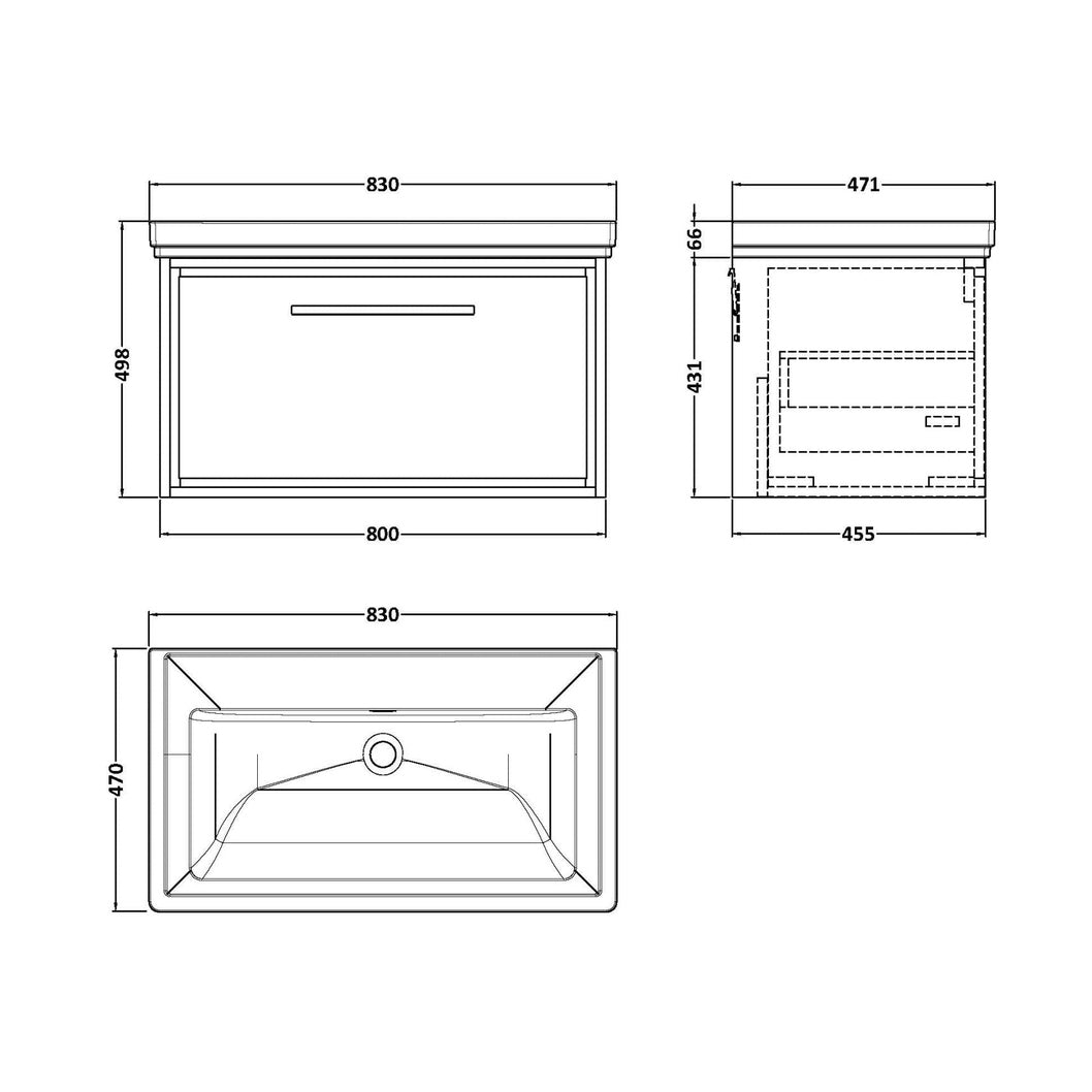 Hudson Reed Lille 800mm Wall Hung Single Drawer Vanity With Basin - 0 Tap Hole Contemp Antique Oak Fireclay,MFC Textured Woodgrain 498x830x471mm - JJ Building Materials
