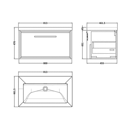 Hudson Reed Lille 800mm Wall Hung Single Drawer Vanity With Basin - 0 Tap Hole Contemp Bleached Oak Fireclay,MFC Textured Woodgrain 476x813x462mm - JJ Building Materials