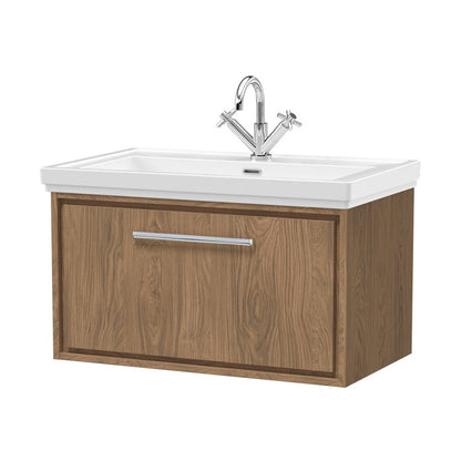 Hudson Reed Lille 800mm Wall Hung Single Drawer Vanity With Basin - 1 Tap Hole Contemp Antique Oak Fireclay,MFC Textured Woodgrain 498x830x471mm - JJ Building Materials