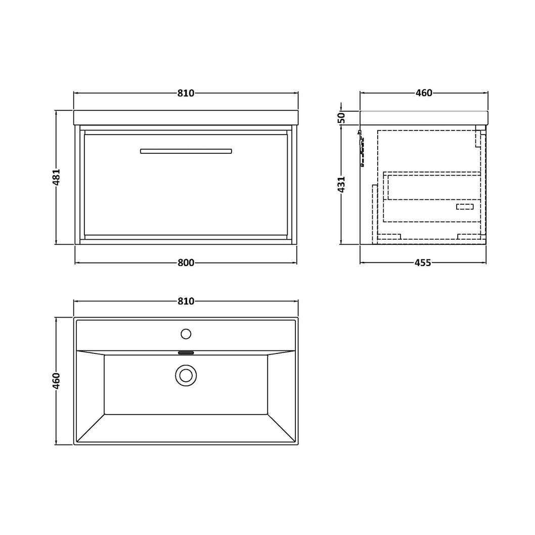 Hudson Reed Lille 800mm Wall Hung Single Drawer Vanity With Basin - 1 Tap Hole Contemp Antique Oak MFC Textured Woodgrain,vitreous China 481x810x460mm - JJ Building Materials