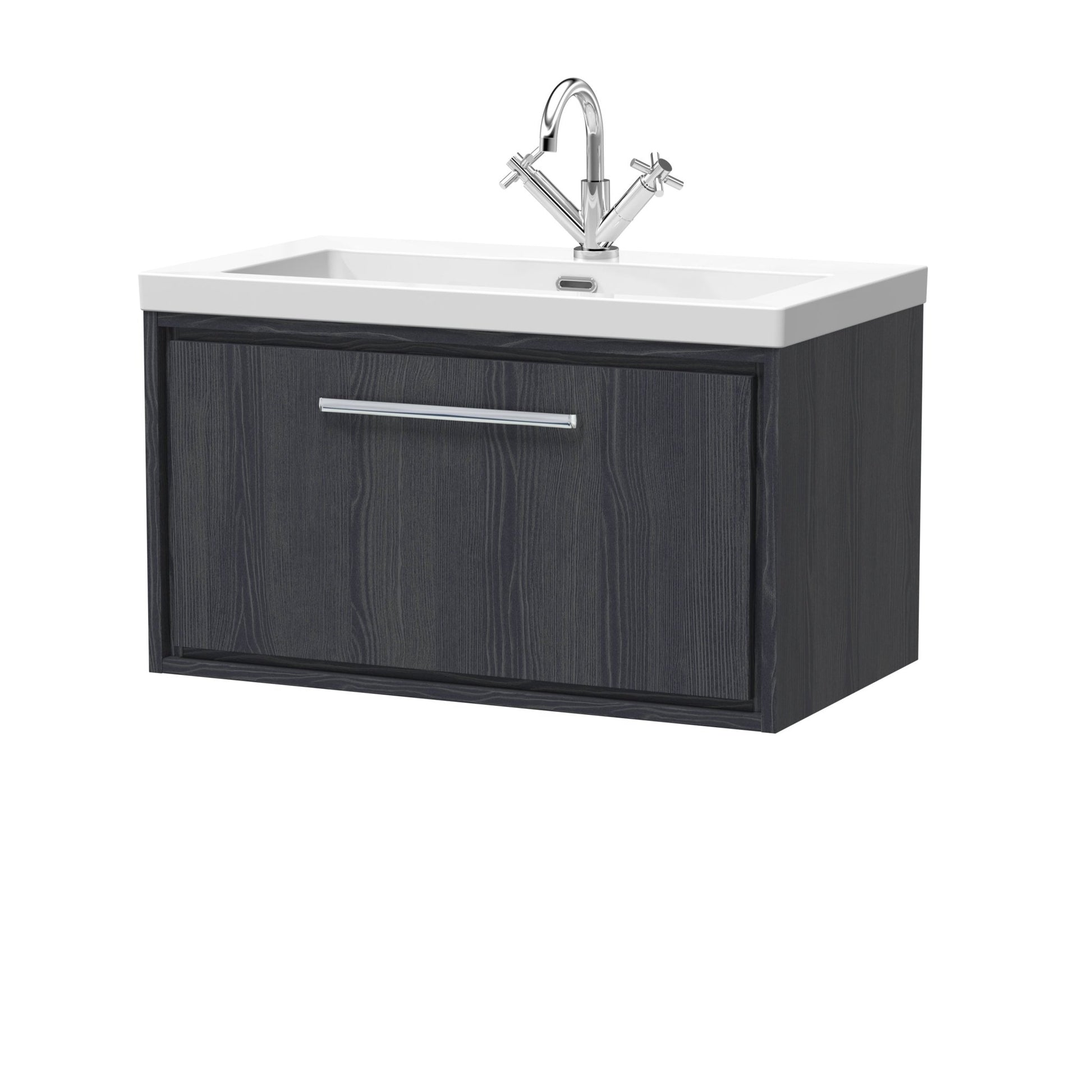 Hudson Reed Lille 800mm Wall Hung Single Drawer Vanity With Basin - 1 Tap Hole Contemp Graphite Grey Woodgrain Fireclay,MFC Textured Woodgrain 476x813x462mm - JJ Building Materials