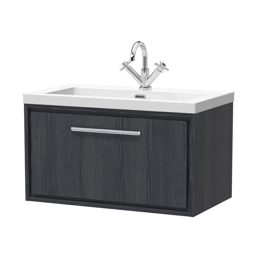 Hudson Reed Lille 800mm Wall Hung Single Drawer Vanity With Basin - 1 Tap Hole Contemp Graphite Grey Woodgrain Fireclay,MFC Textured Woodgrain 476x813x462mm - JJ Building Materials