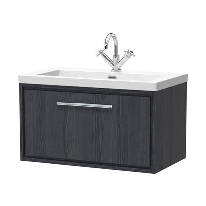 Hudson Reed Lille 800mm Wall Hung Single Drawer Vanity With Basin - 1 Tap Hole Contemp Graphite Grey Woodgrain Fireclay,MFC Textured Woodgrain 476x813x462mm - JJ Building Materials