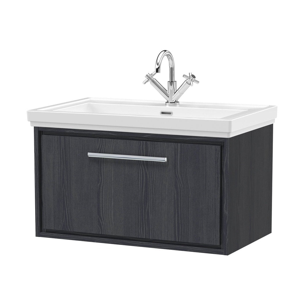 Hudson Reed Lille 800mm Wall Hung Single Drawer Vanity With Basin - 1 Tap Hole Contemp Graphite Grey Woodgrain Fireclay,MFC Textured Woodgrain 498x830x471mm - JJ Building Materials
