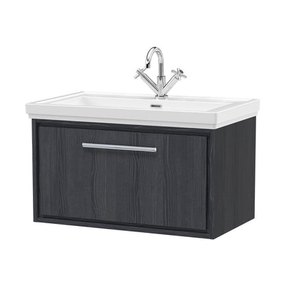 Hudson Reed Lille 800mm Wall Hung Single Drawer Vanity With Basin - 1 Tap Hole Contemp Graphite Grey Woodgrain Fireclay,MFC Textured Woodgrain 498x830x471mm - JJ Building Materials