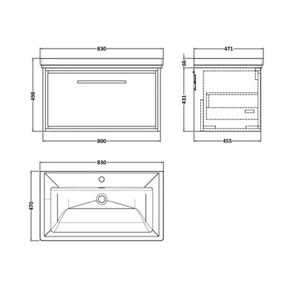 Hudson Reed Lille 800mm Wall Hung Single Drawer Vanity With Basin - 1 Tap Hole Contemp Graphite Grey Woodgrain Fireclay,MFC Textured Woodgrain 498x830x471mm - JJ Building Materials